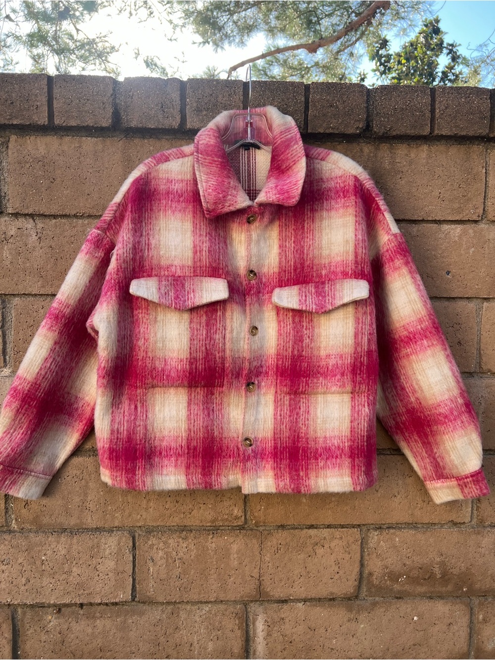 Vici Pink and Cream Plaid Shacket Jacket
